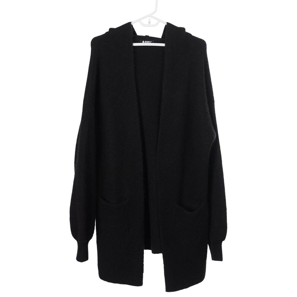 BERYLL Cardigan One Size Black Cashmere Knit Hooded Open Front Pockets Coatigan